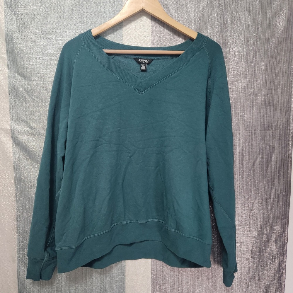 Buffalo David Bitton Womens XL Teal Green V-Neck Raglan Sweatshirt Cozy Cabin